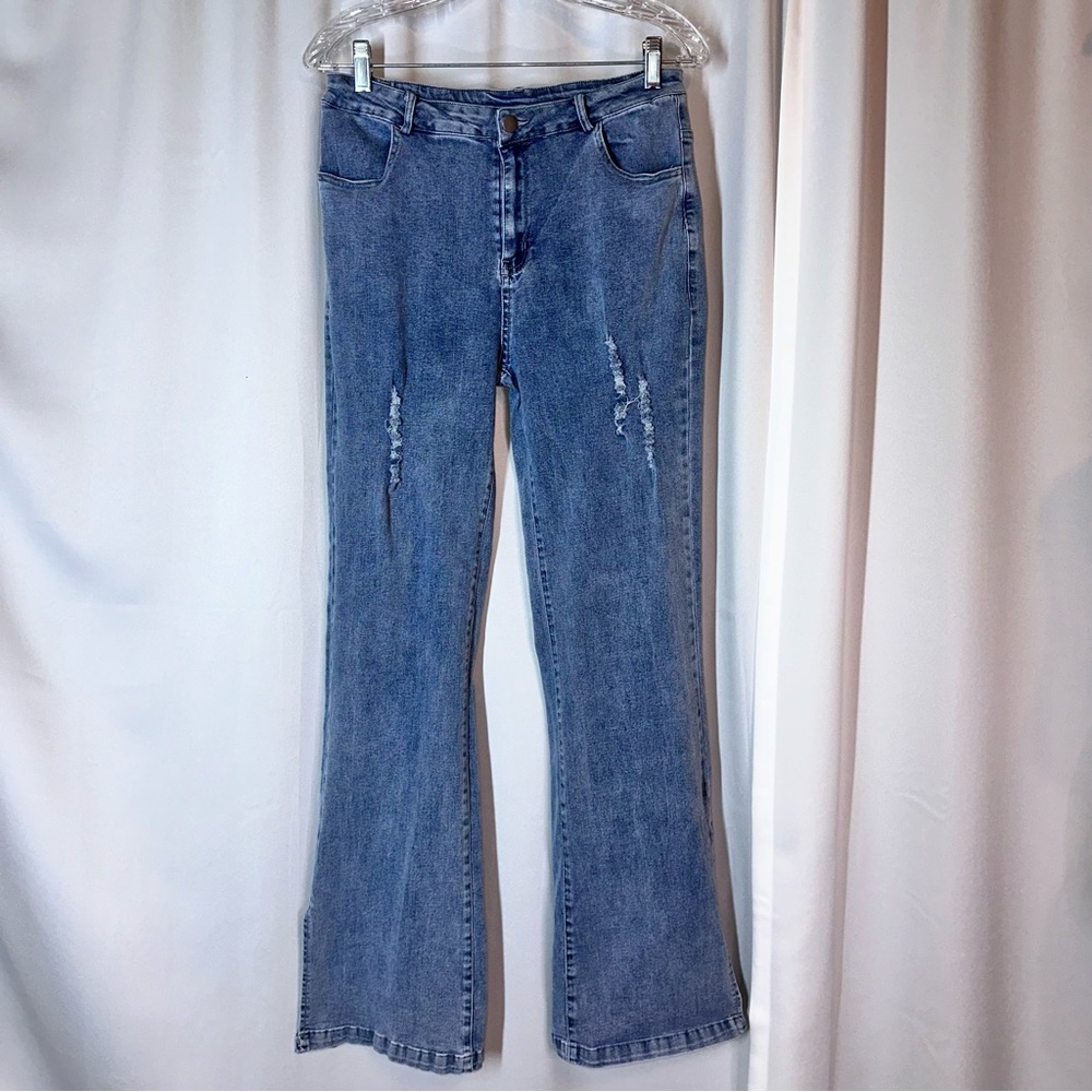 Hayden Los Angeles Womens Sz L Flare Distressed Jeans Blue Bell Bottom Hippie